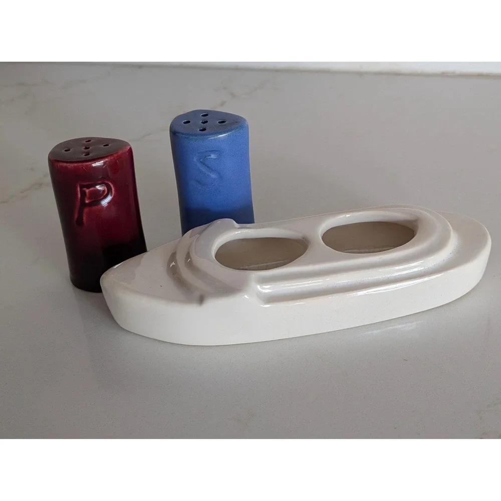 Vintage USA Pottery 566 Boat Salt and Pepper Shakers Set Blue Maroon Nautical